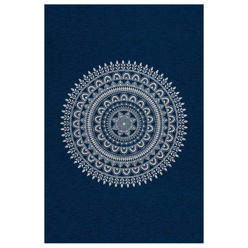 Kathleen Collection Digital Print Cotton-Polyester Geometric Blue Gray Rug, Round 2'8"