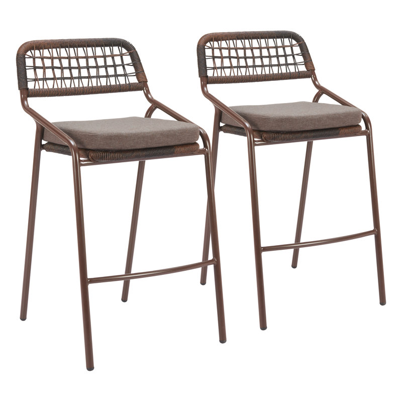 Ensemble de 2 tabourets de bar d'extérieur en rotin en acier thermolaqué de qualité hôtelière, Brun, Brun