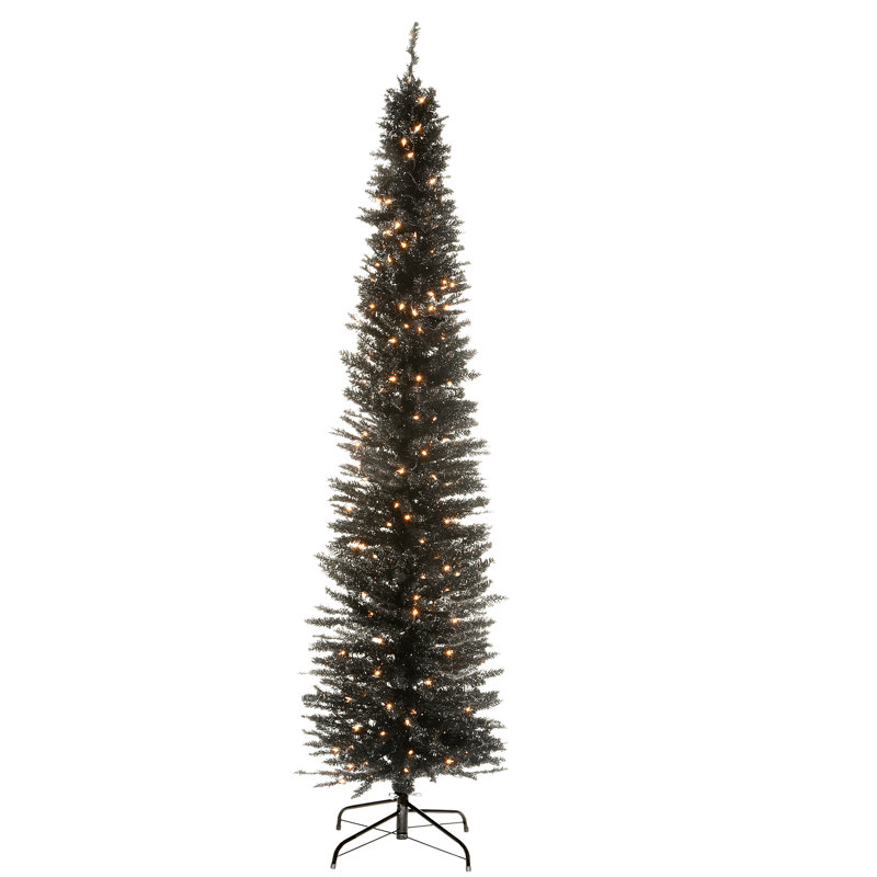 Black Tinsel Tree with Clear Lights, 7'