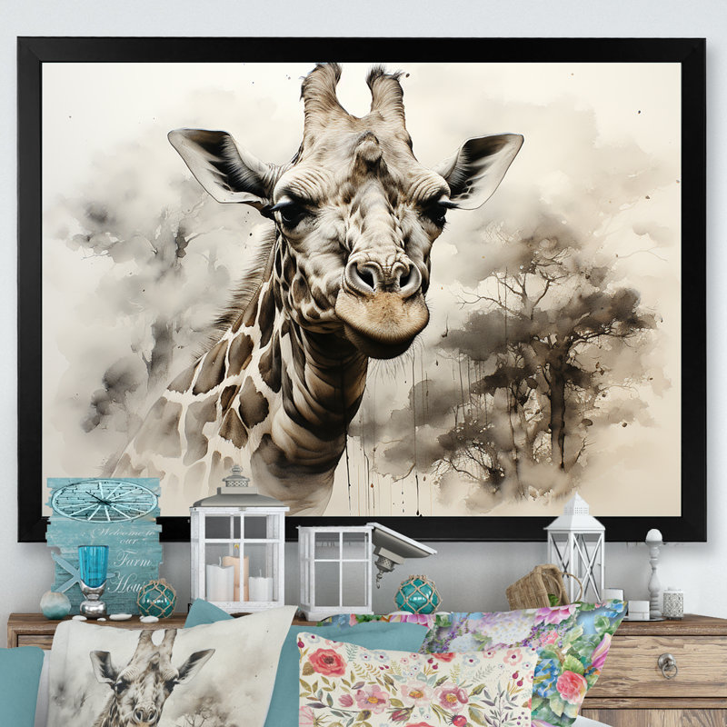 Girafe beige classique élégance I, H 12 po x l 20 po x P 1 po, Cadre simple noir