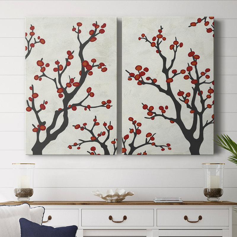 Branche de baies rouges - Toile tendue avec châssis de qualité supérieure - Prêt à être accroché, H 36 po x l 24 po