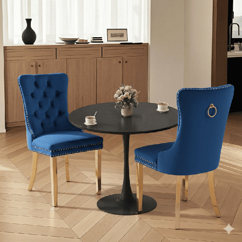 Round Dining Table Sets with 2 chairs, Black, Blue/Gold