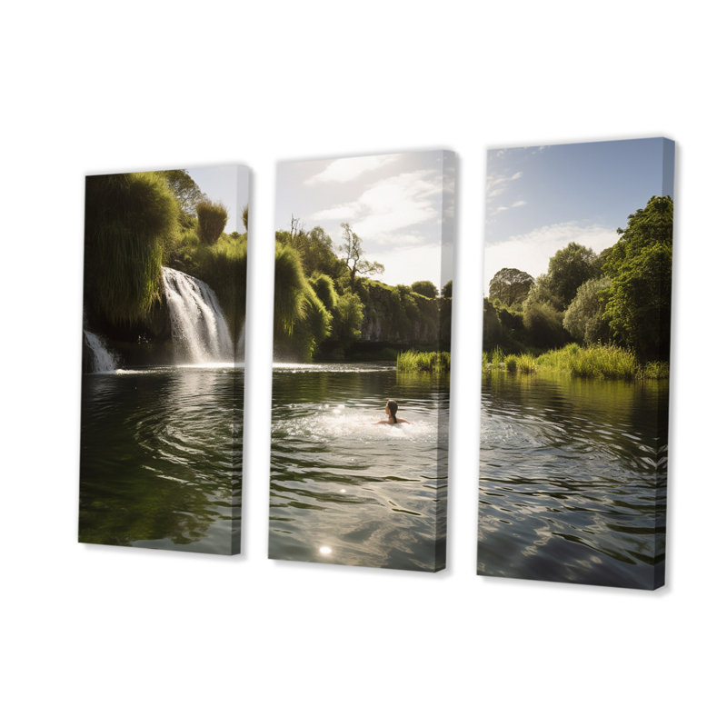 «Idyllic Bathing In Paradise Lake With Waterfall II - Meadow», reproduction d'art sur toile, H 40 po x l 60 po x P 1 po