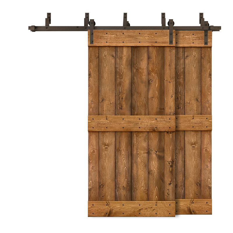 Porte de grange double à panneaux en bois teinté à panneau Mid-Bar, 40 po x 84 po, Noyer