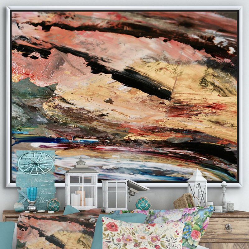 Huile sur toile, composition texturée I - reproduction d'art sur toile, H 24 po x l 32 po x P 1 po, Toile avec cadre blanc