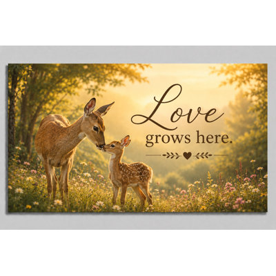 Large Love Grows Here Wall Art Canvas Print, Deer and Fawn Family Artwork, Woodland Nursery Decor for Bedroom Living Room Baby Room 24x36 Inch Canvas Print - Ready to hang