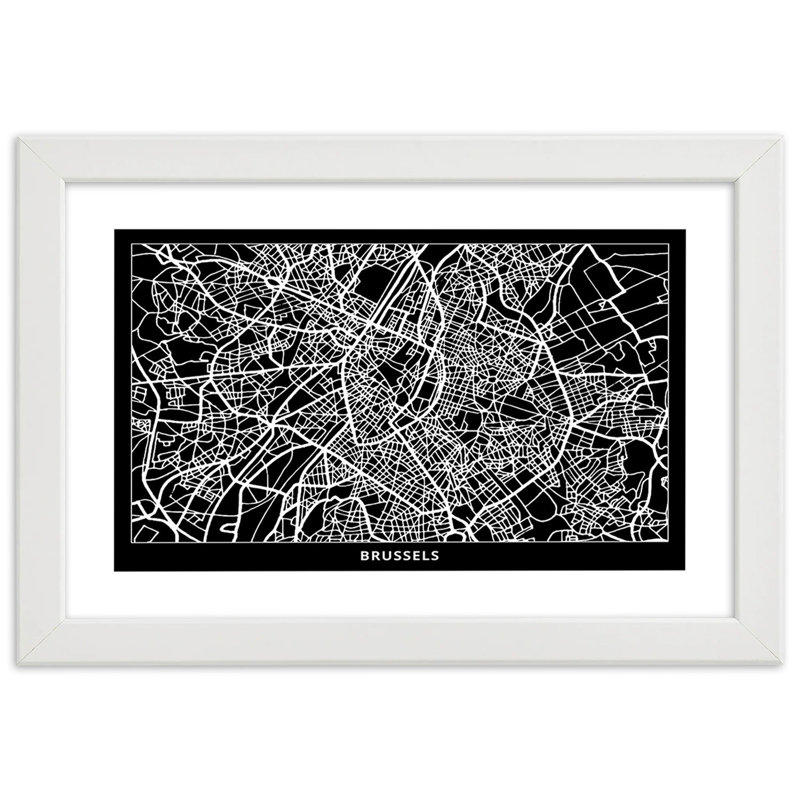 Map Of Brussels - Single Picture Frame Print, White, 70cm H x 100cm W