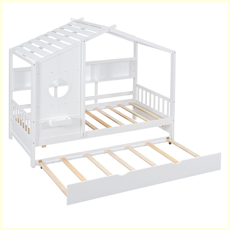 Lit moderne en bois avec lit gigogne et rangement, Lit simple, Blanc