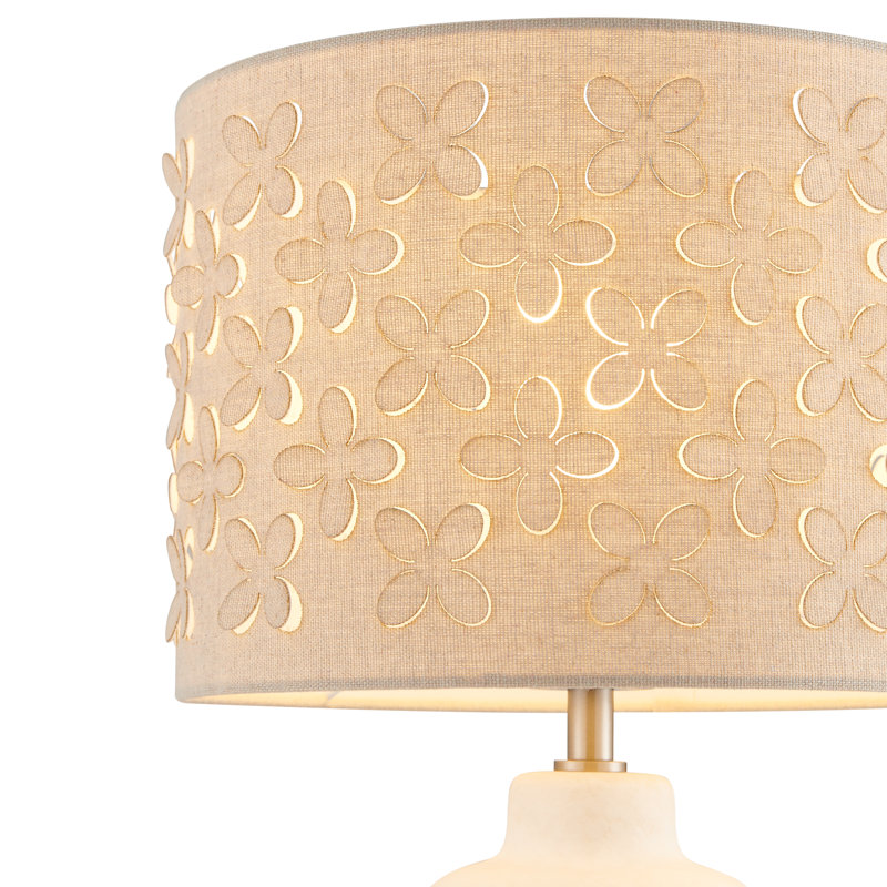 Lampe de table 17,25 po en céramique avec abat-jour floral, Blanc, Beige
