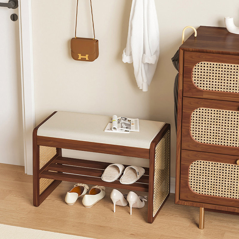 Simple Pine Wood Rattan Integrated Shoe-Changing Bench, 15.75" H x 23.62" W x 13.78" D, Brown