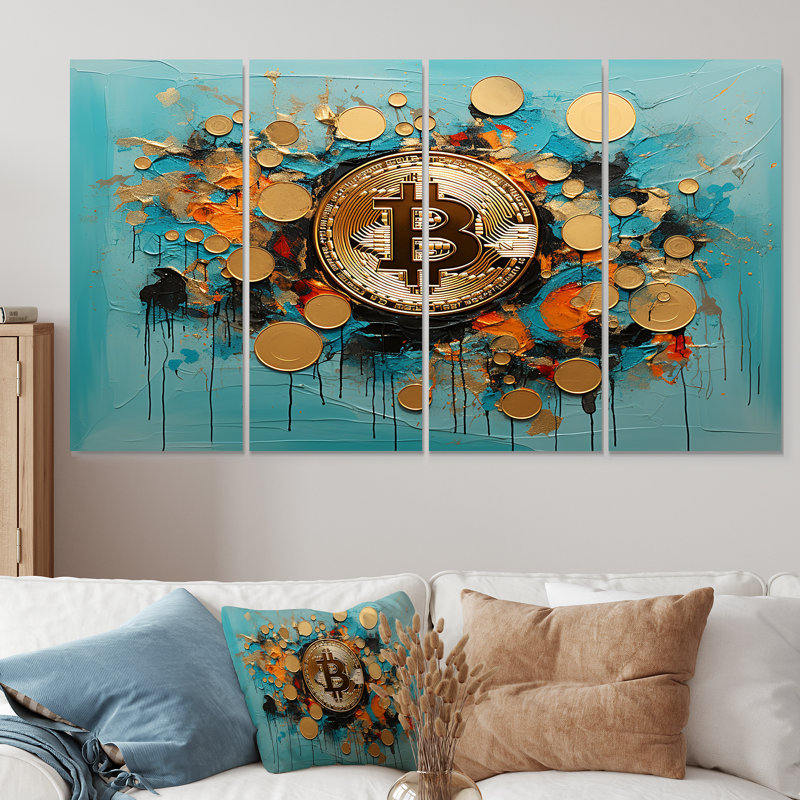 Or et bleu Crypto Bitcoin Collage - ensemble de décoration murale mode 4 pièces, H 28 po x l 48 po