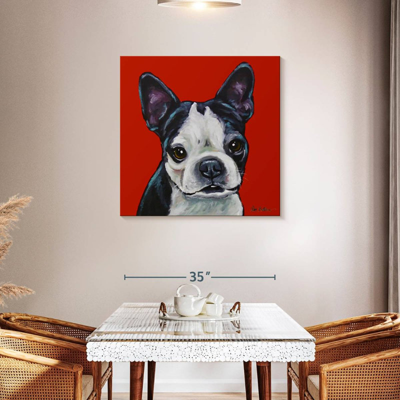 Brampt Sophie Boston Terrier sur fond rouge, H 36 po x l 36 po