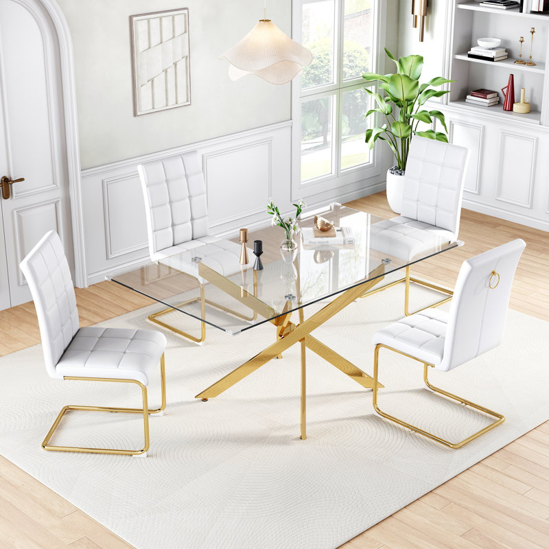 Rectangular Glass Dining Table for 4, 63" Modern Tempered Glass with High-Back PU Leather Cushioned Chairs, White/Gold, Gold