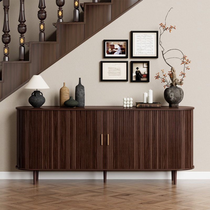 Buffet 70 po avec portes tambour rondes, grand tiroir de rangement, tablettes réglables et pieds en bois massif pour la salle à manger, le salon et le vestibule
