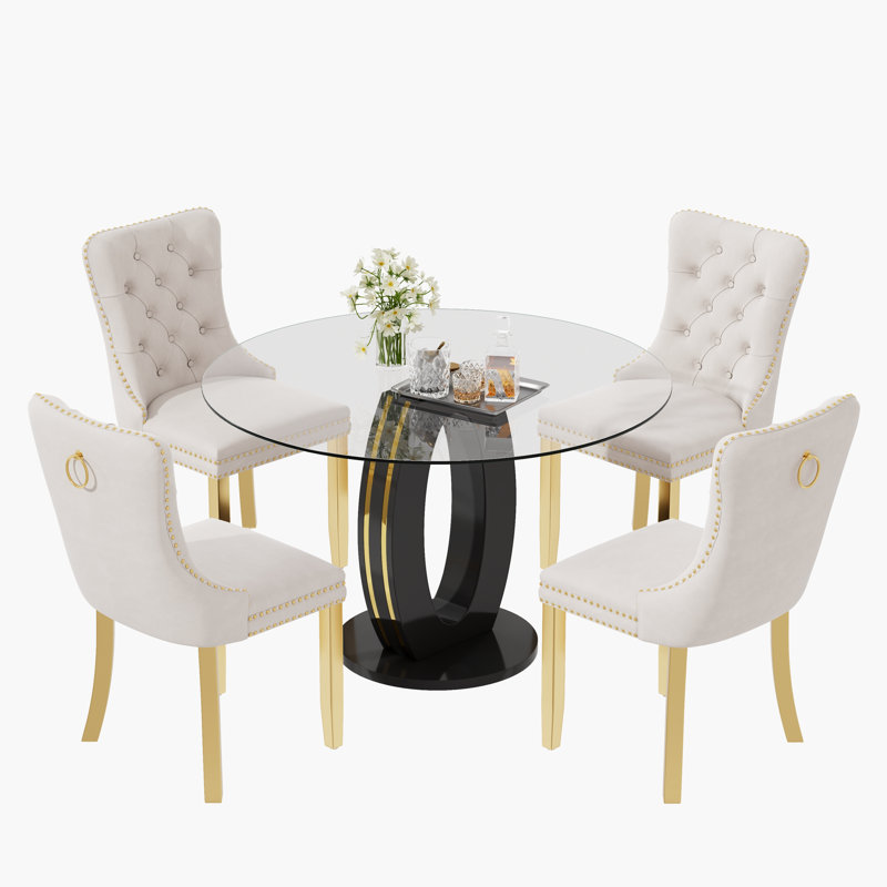 Ensemble de table de salle à manger haute brillance ronde avec 4 chaises de salle à manger en velours, Beige