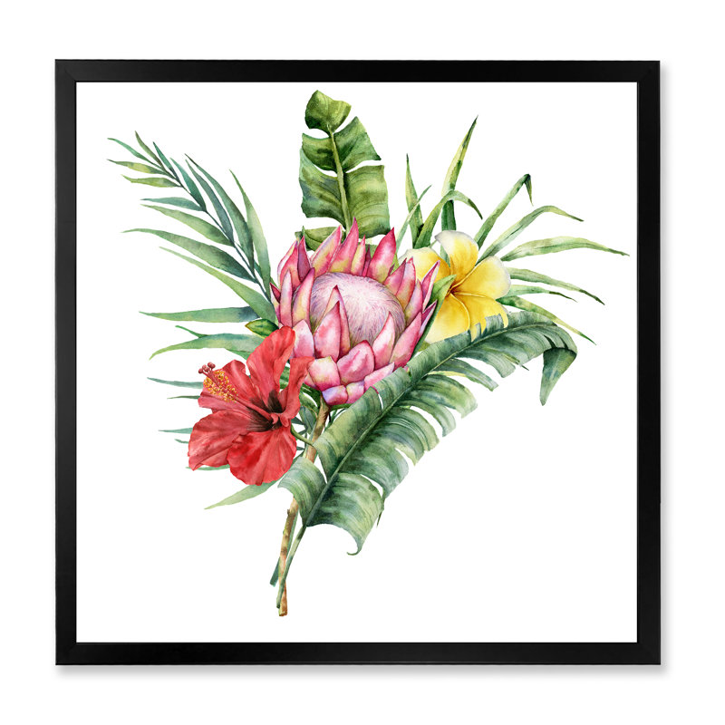 Bouquet de fleurs avec Protea Hibiscus Plumeria - peinture sur toile, H 16 po x l 16 po x P 1 po, Cadre photo noir