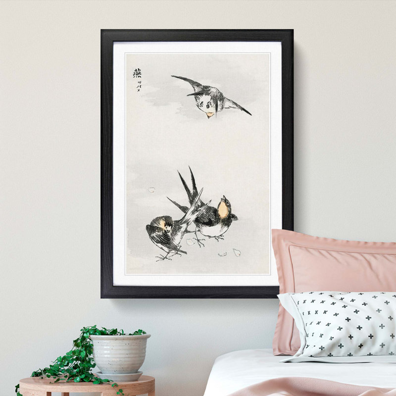 Three Swallows by Numata Kashu - Framed Print, 91cm H x 60cm W x 2cm D, Black
