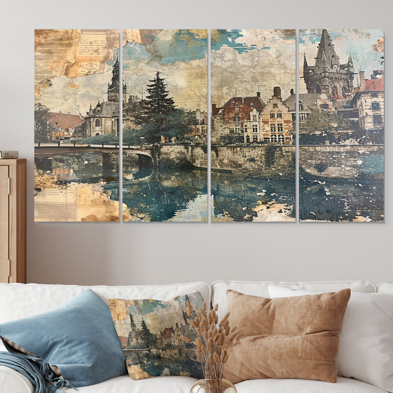 Ensemble d'art mural de la ville médiévale de Gand II, Illustration rétro II, 4 pièces, H 32 po x l 64 po
