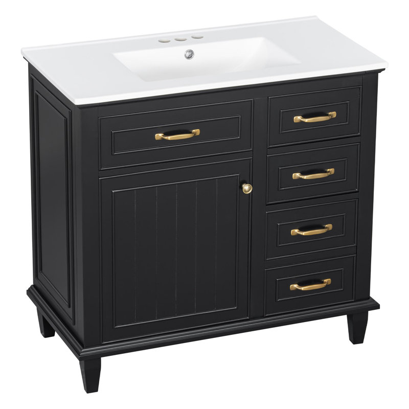 Meuble-lavabo 36 po avec lavabo et rangement, Noir, Doré