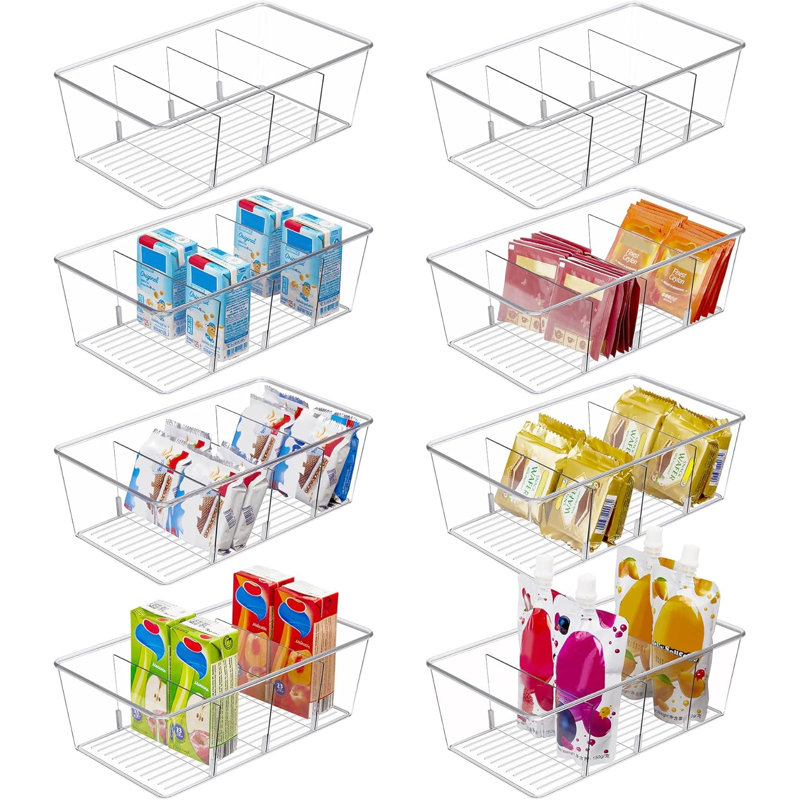 8 Pack Clear Pantry Organizer Bins With 4 Compartments