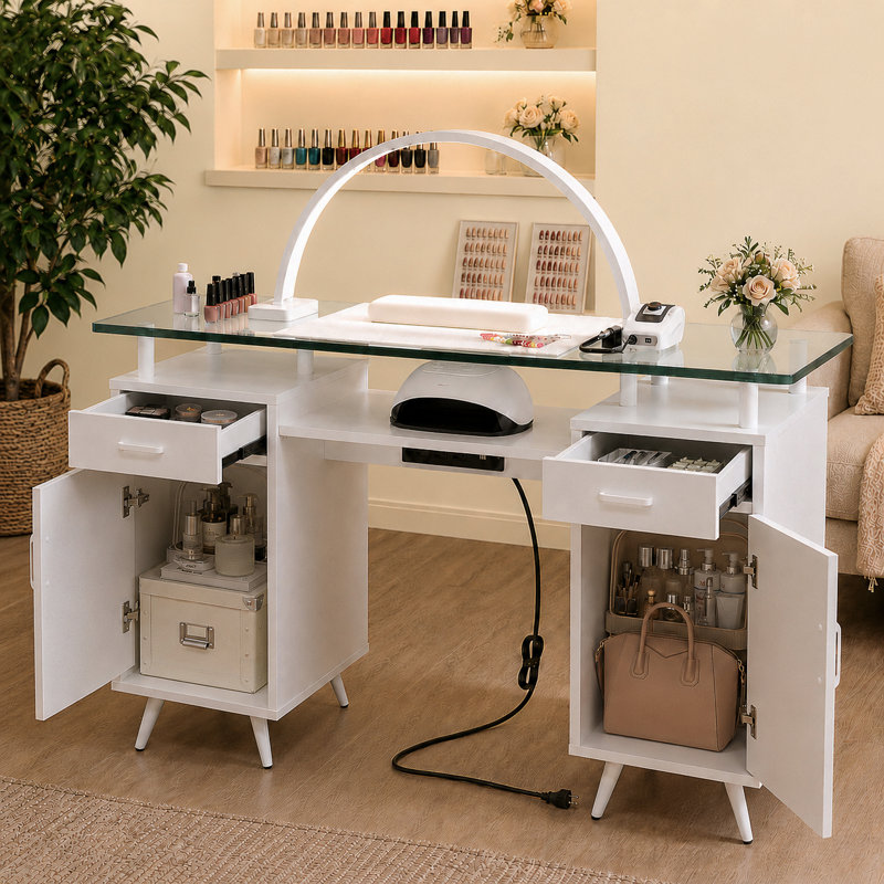 Table de manucure blanche moderne, bureau à clous avec plateau en verre, armoires de rangement, tiroirs et prises de courant pour la maison ou le studio