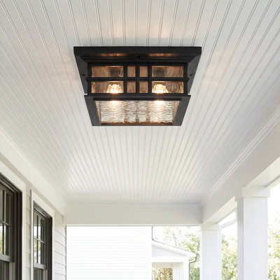 Beacon Square Textured Black 2-Light Outdoor Flush Mount with Clear Hammered Glass Shade