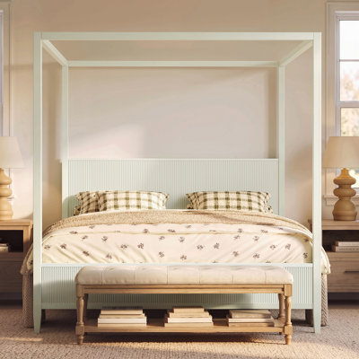 King size Wooden Canopy Platform Bed with Support Slats,Beige