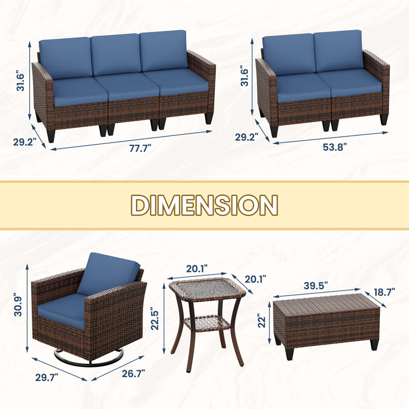 Canapé d'extérieur en osier 6 pièces avec chaises berçantes pivotantes, Bleu