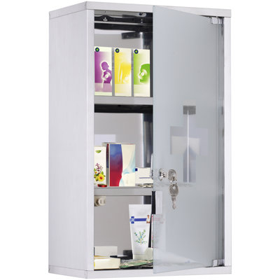Lockable Meds Cabinet With Glass Door, Stainless Steel, 12" X 20", Silver, Accessible Locking First Aid Cross Visible