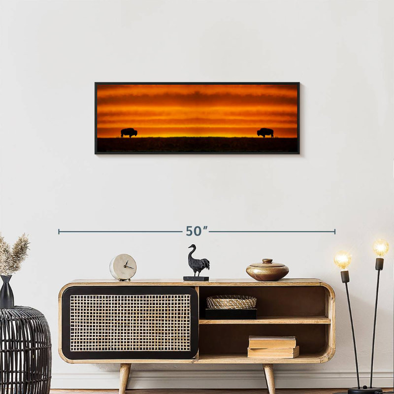 Lever de soleil sur les bisons, Cadre flottant noir, 37 po x 13 po