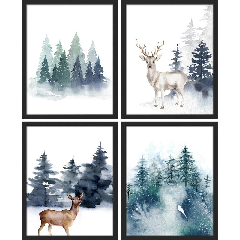 «Pastel Christmas Reindeer Deer Moose Forest», reproduction d'art encadrée sur papier 4 pièces, Naturel, H 14 po x l 11 po