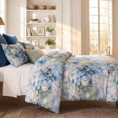 Ensemble de literie 100% coton bleu avec housse de couette grand motif floral bleu et blanc 3 pièces Housse de couette douce et respirante avec fermeture à glissière