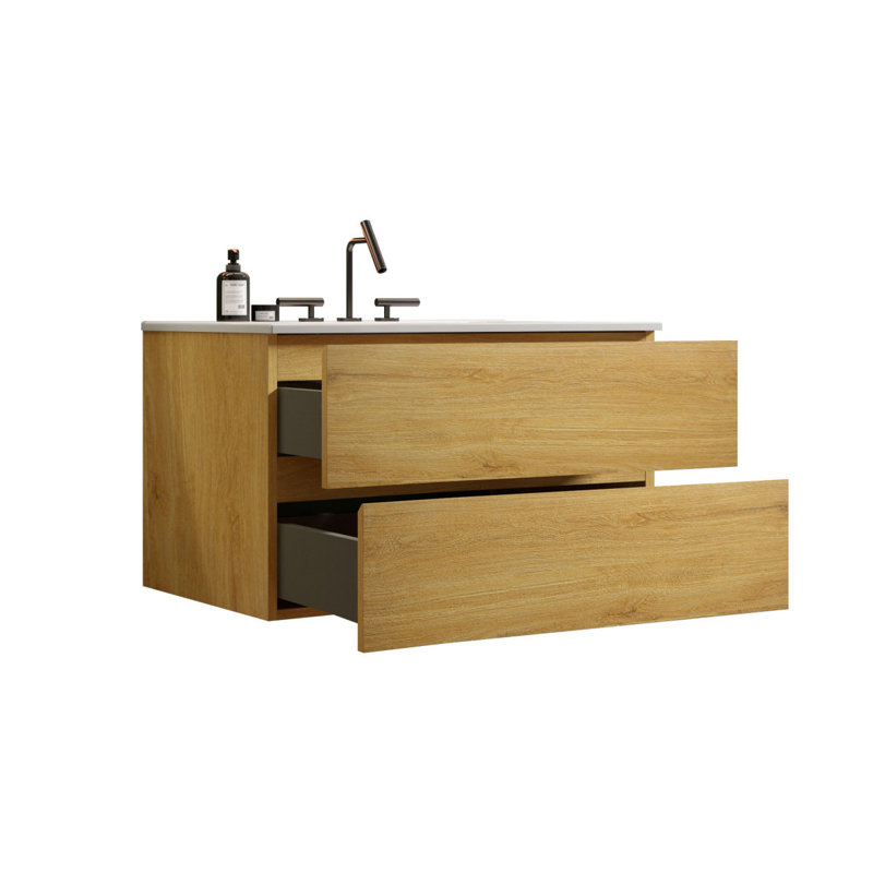 36" Wall Mount Bathroom Vanity With Ceramic Sink With Three Faucet Holes, Large Storage Floating Bathroom Vanity For Modern Bathroom, Pre-Assembled