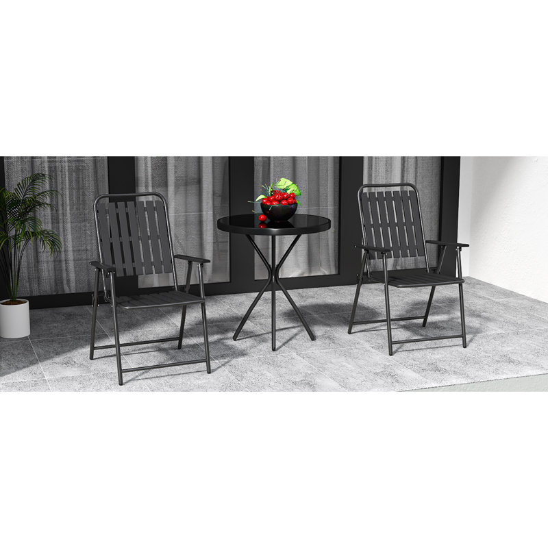 3-Piece Outdoor Patio Furniture Set, 2chairs/table, Foldable Powder-Coated Metal Chair & Tempered Glass Side Table - 350lb Capacity, Weather-Resistant for Balcony, Garden, Terrace, Black