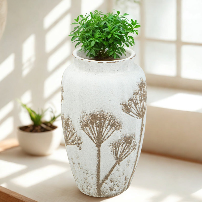 8X8x13.5" White Ceramic Cylinder Vase With Brown Botanical Design