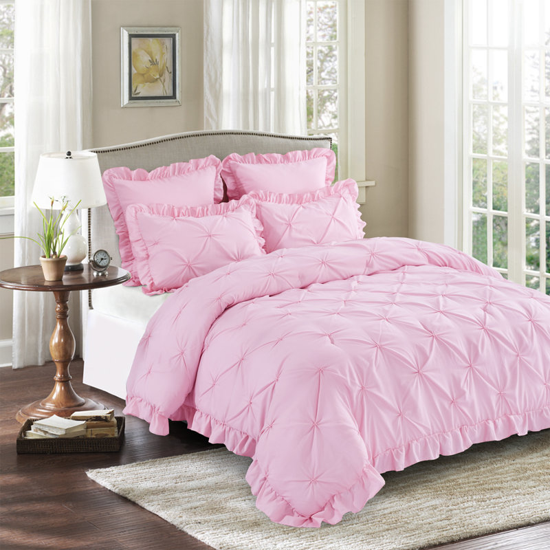 Ensemble d'édredon 5 pièces princesse romantique Pintuck, Édredon pour lit très grand + quatre taies déco, Rose