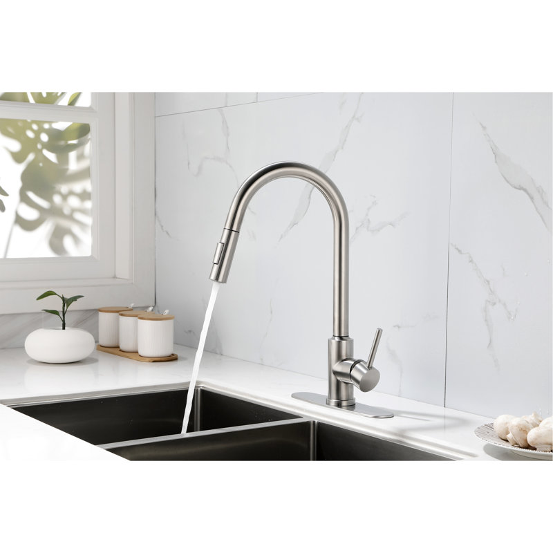 Pull Down Kitchen Faucet In Brushed Nickel - Stainless Steel, 360 Rotating Nozzle For Versatile Water Usage, Single Handle Easy Temperature And Flow Control, Corrosion Treatment Steel Construction,