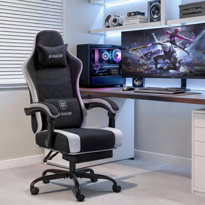 Fauteuil de jeu en tissu avec support lombaire en massage, fauteuil d'ordinateur ergonomique à haut dossier avec repose-pieds, fauteuil de jeu inclinable avec accoudoirs à attaches