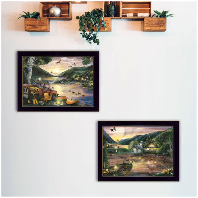 "Lakefront Camping" 2-Piece Vignette By Ed Wargo, Ready To Hang Framed Print, Black Frame