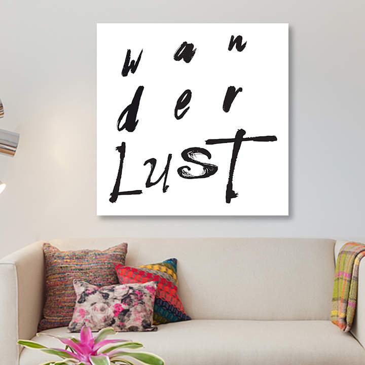 « wanderlust », art textuel sur toile, H 18 po x l 18 po x P 1,5 po