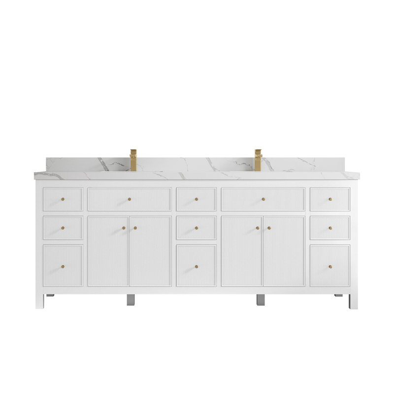 84'' Double Bathroom Vanity with Top, White, Calacatta Laza Quartz