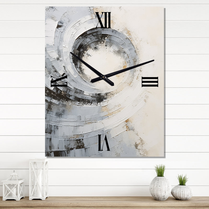 Horloge murale moderne à spirales abstraites blanches et grises, Médium