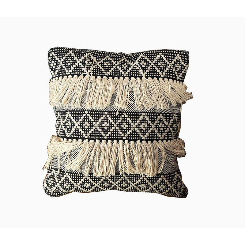Black and Ivory Cotton Diamond Fringe Throw Pillow Covers, Set of 2