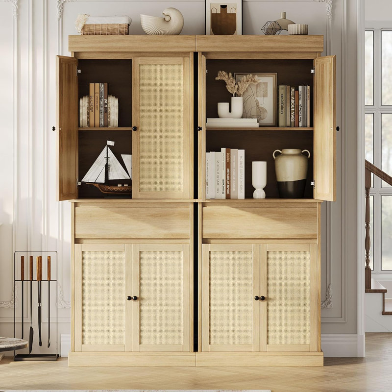 Armoire de rangement haute avec garde-manger en rotin avec portes et tablettes réglables pour armoire de salle de bain
