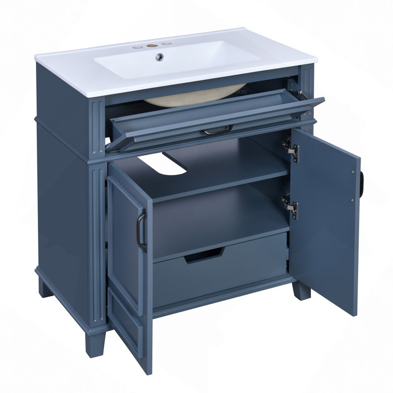 Meuble-lavabo de 30 po avec lavabo en céramique, armoire de rangement en bois massif avec portes à fermeture douce, style rétro