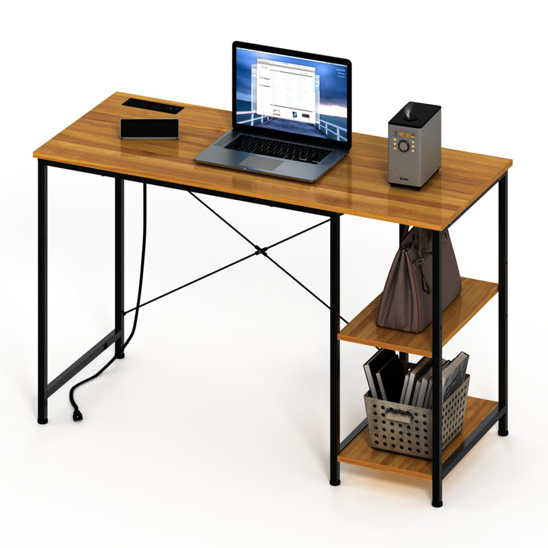 Desk with Shelves, Small Computer Desk with Charging Station, Study Table, Writing Desk, Bedroom Desk with Metal Frame, Rustic Small Office Desk for Home, Walnut