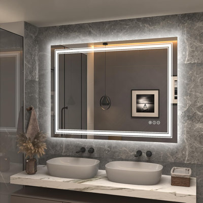 Miroir de salle de bain 48 po x 36 po à DEL avec lumières - Miroir de salle de bain rétro-éclairé et rétro-éclairé, anti-buée, incassable, fonction mémoire, homologué ETL pour fixation murale