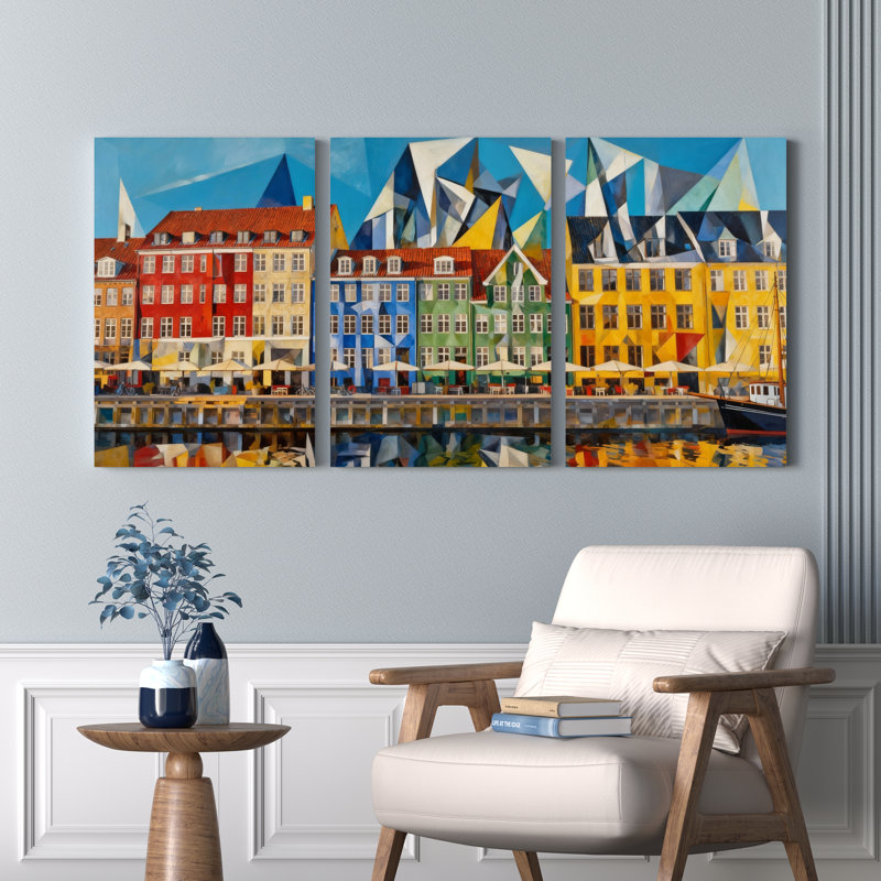Ensemble de 3 tableaux muraux abstraits géométriques colorés sur toile tendue, H 36 po x l 72 po
