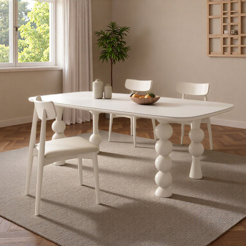 French Cream Solid Wood & Rock Table, 7 Pieces: Table. 6 Chairs, 29.5" H x 70.9" W x 31.5" D