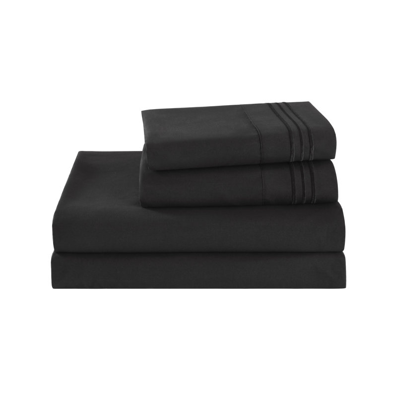 3/4 Pcs Soft Solid & Embroidery Bed Sheets Set, Queen, Black